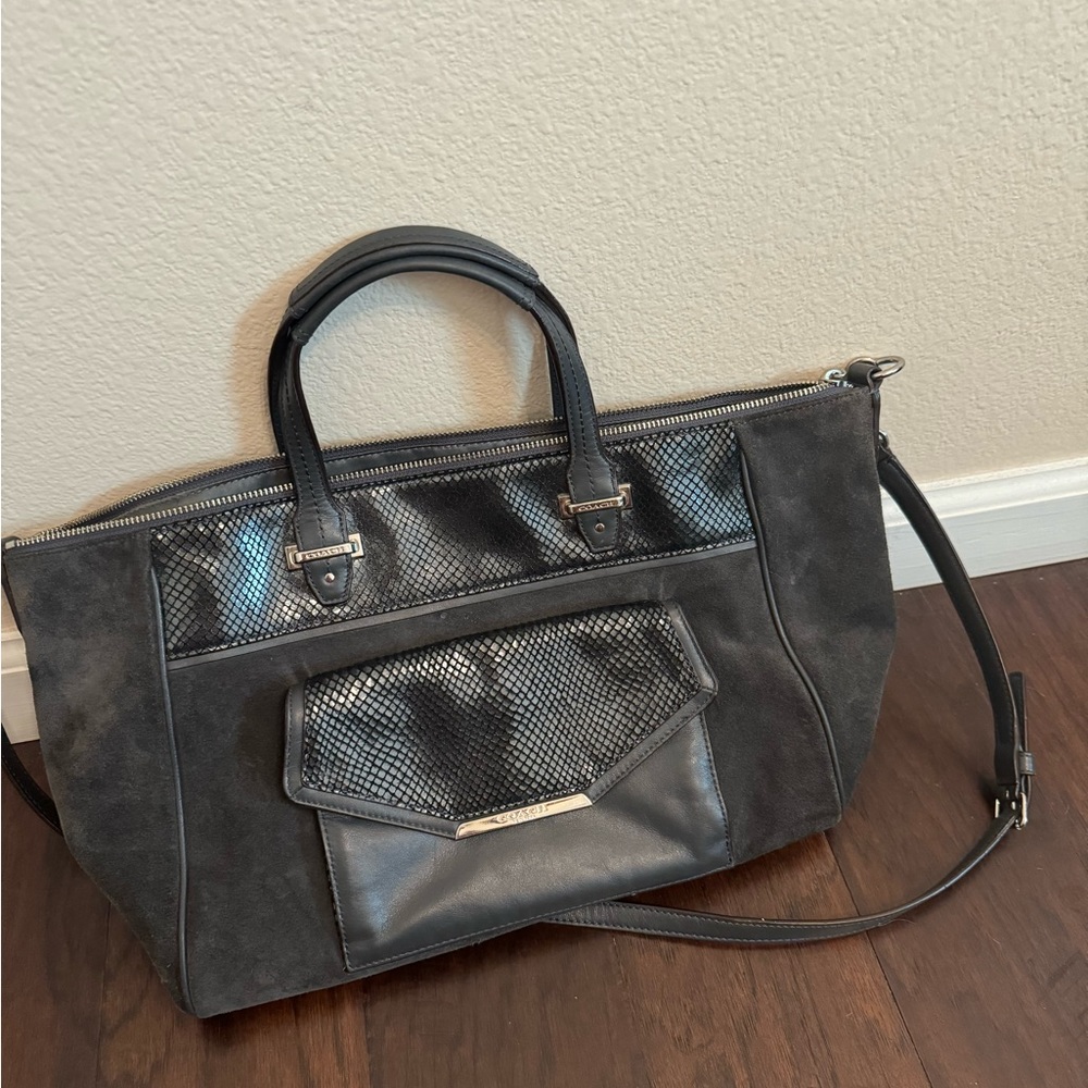 Coach Mixed‑Material Tote — Suede & Embossed Leather — Black/Grey